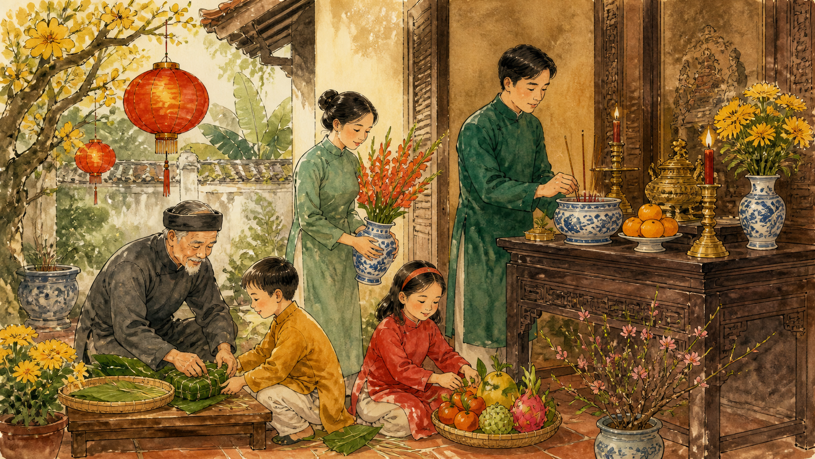 Không gian lễ đầu năm trang nghiêm với hương hoa và ánh đèn