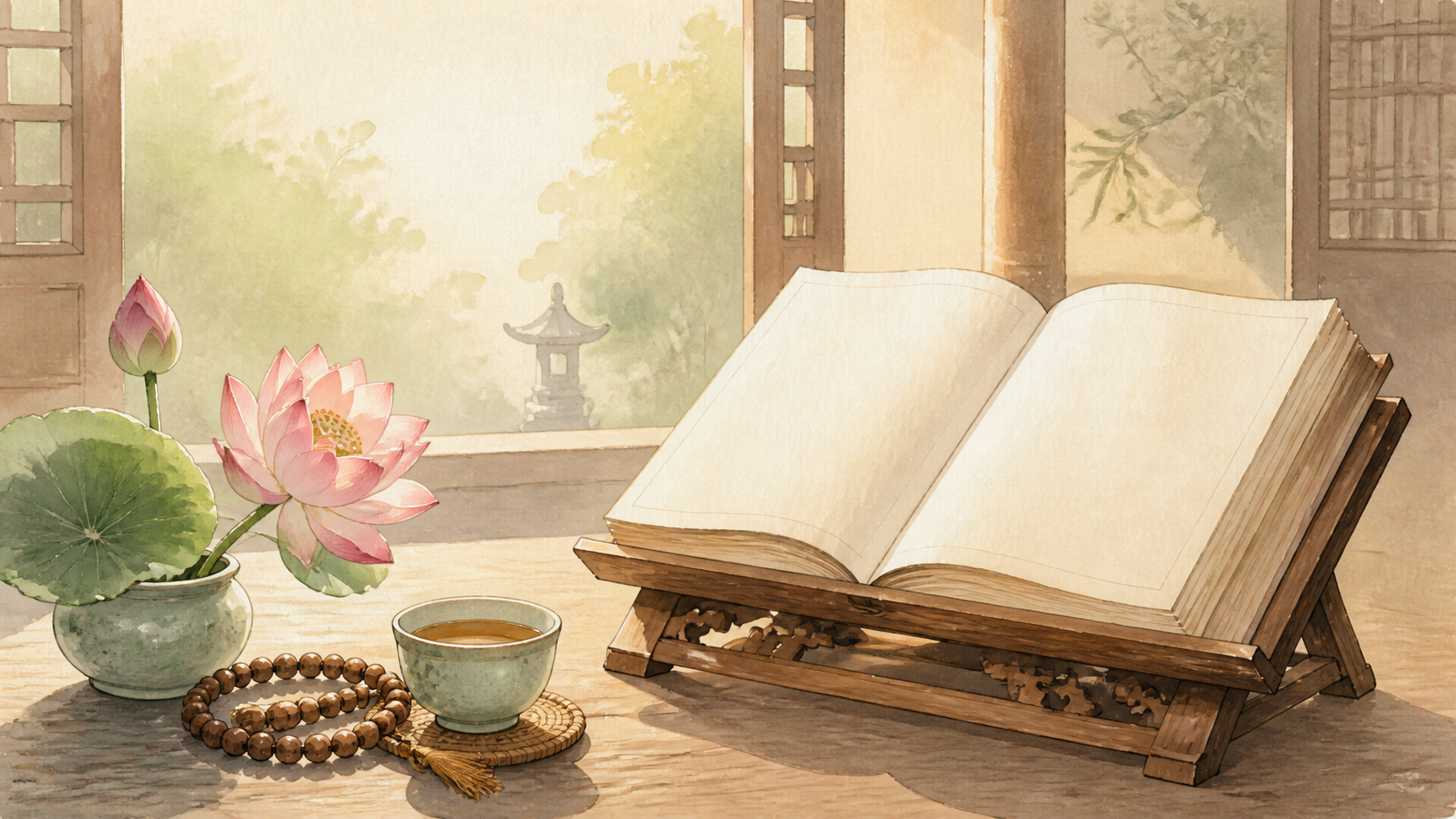 Sách kinh mở bên hoa sen, tràng hạt và chén trà