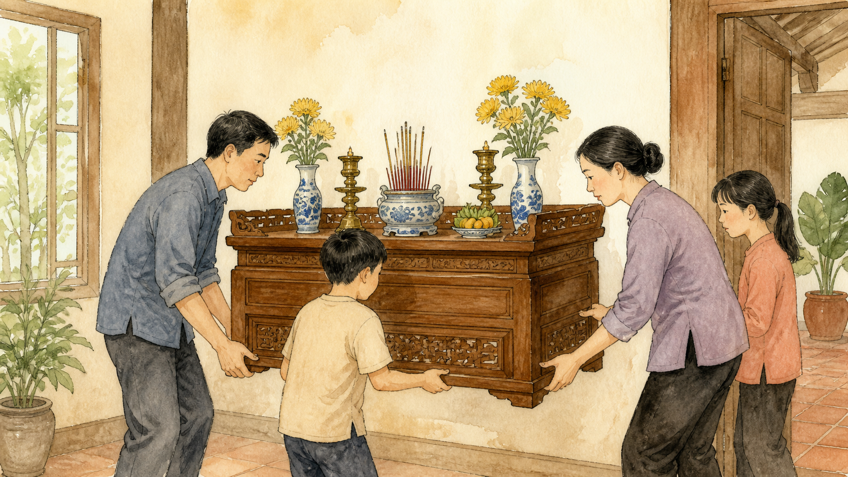 Không gian bàn thờ gia đình được sắp xếp trang nghiêm