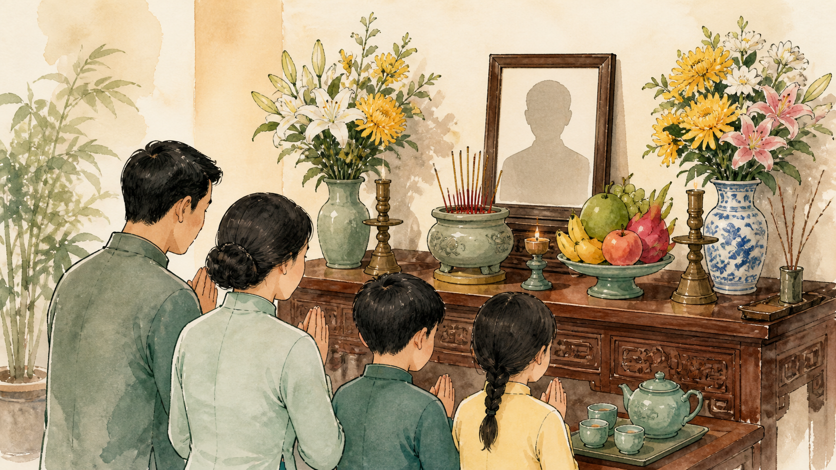 Bàn thờ gia tiên với hoa quả và chén trà trong ngày giỗ