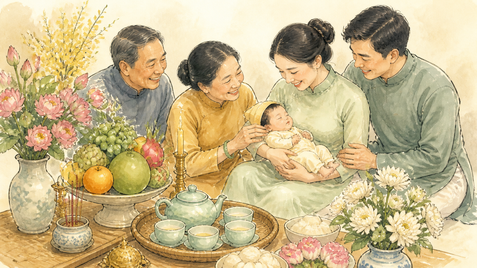 Mâm lễ đầy tháng và thôi nôi đơn giản trong gia đình