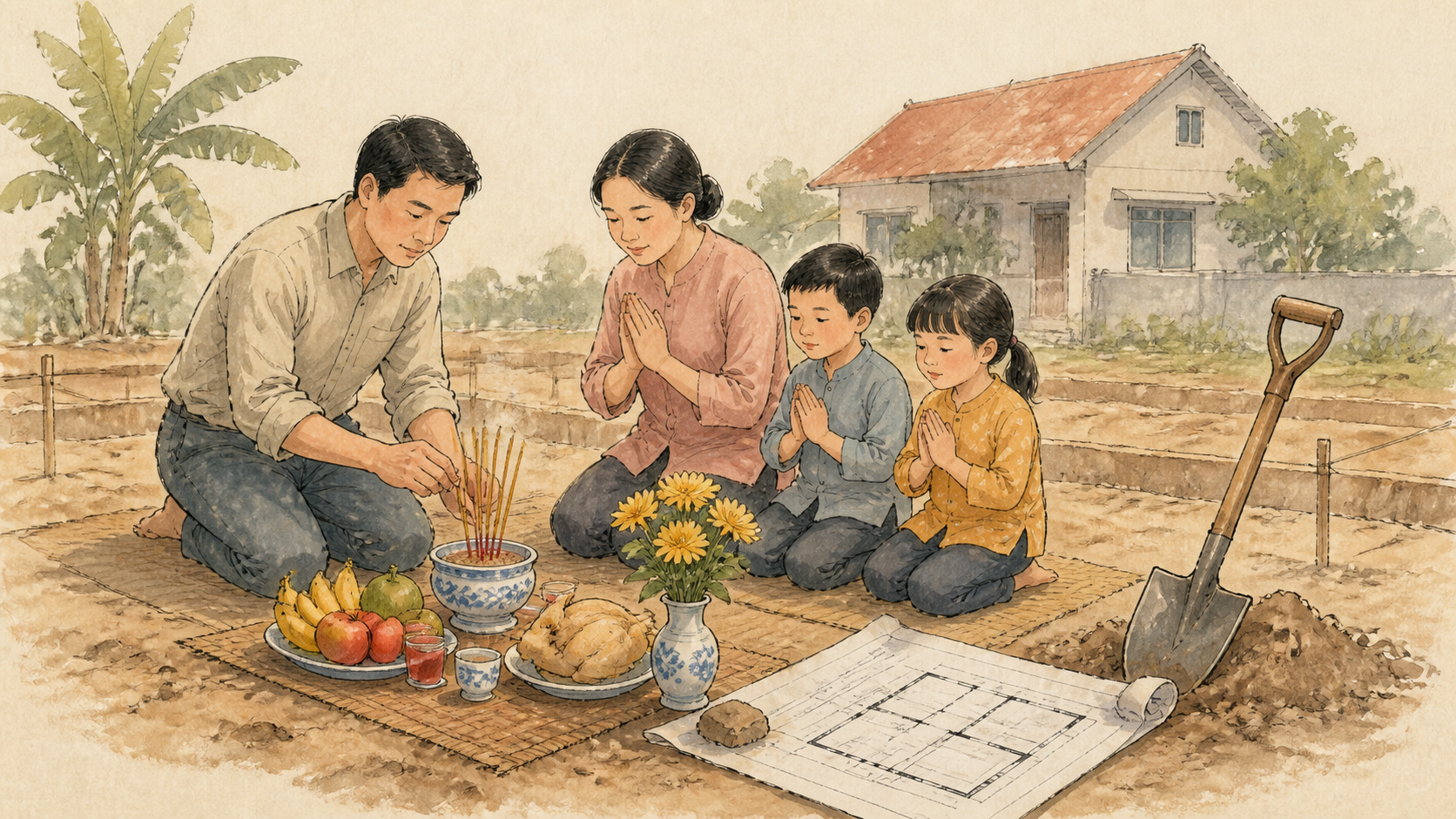 Mâm lễ động thổ trước công trình xây nhà