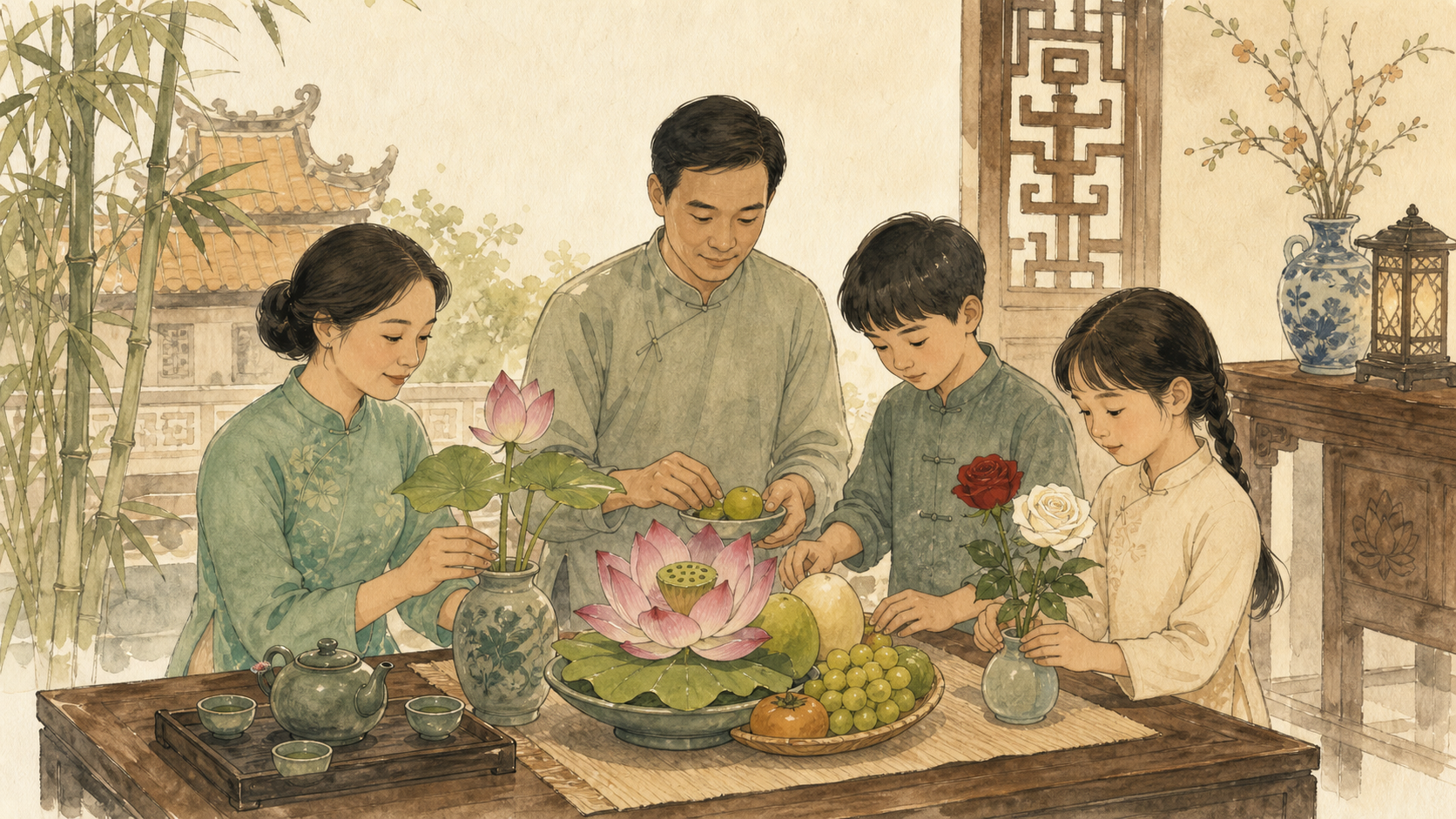 Gia đình chuẩn bị mâm lễ chay và hoa sen trong mùa Vu Lan
